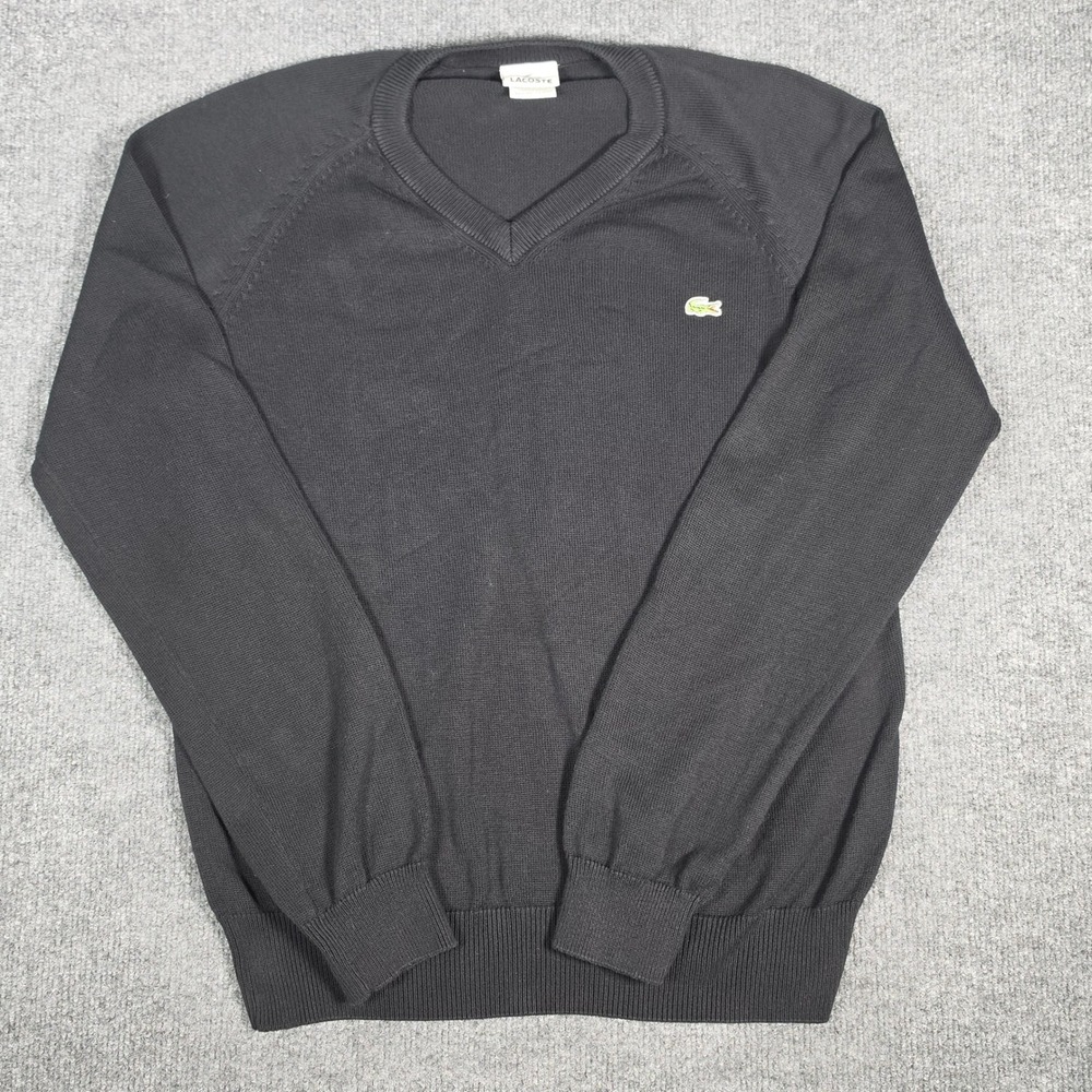 Lacoste Mens V-Neck Cotton Knit Sweater Black Size 4 L FC4179